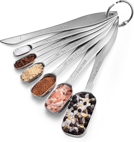 18/8 Stainless Steel Measuring Spoons: Doosu Heavy Duty Rectangular Spoon Square Teaspoon Tablespoon Scoop with Slim Long Handle in Narrow Spice Jar for Kitchen Baking Cooking (Set of 7 with Leveler)