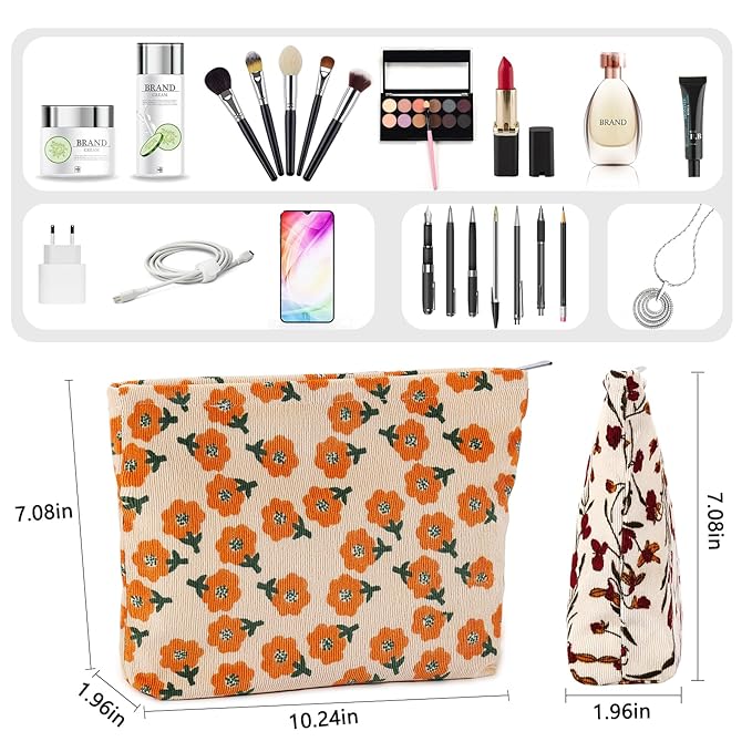 ZLFSRQ 2Pcs Daisy Flower Makeup Bag Travel Cute Cosmetic Bags for Women Large Floral Toiletry Pouch Zipper Cosmetic Pouch Set for Purse Aesthetic Corduroy Makeup Organizer Bag Portable Toiletry Bags