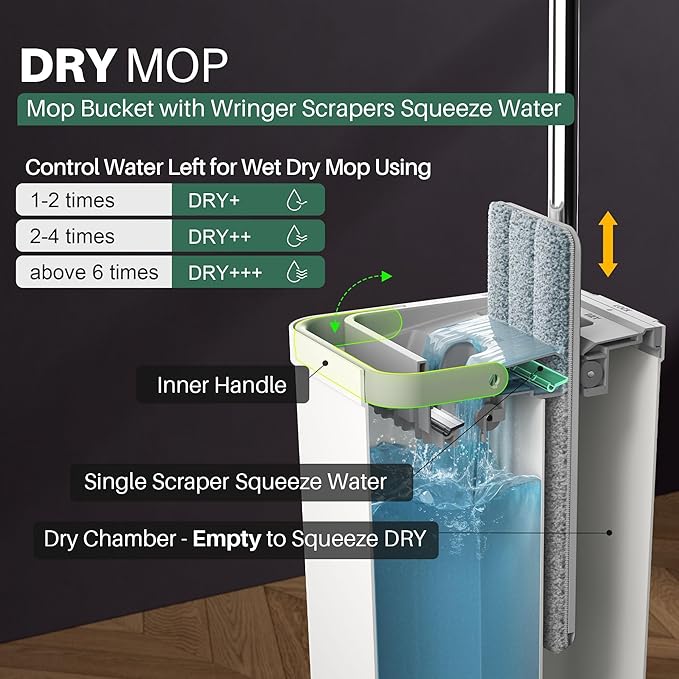JOYMOOP Mop and Bucket Set, White Flat Mop with Long Handle for Floor & Wall Cleaning, Wet & Dry Use, Hardwood Floor Cleaner, Ideal for Household & Commercial Use, 5 Microfiber Pads Included