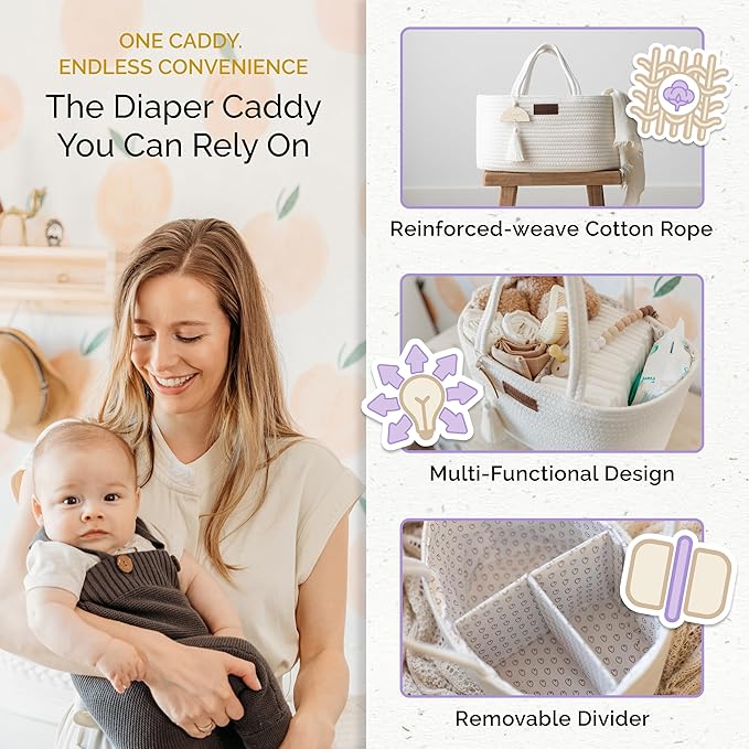 Baby Diaper Caddy Organizer, Portable Nursery Storage Basket with Sturdy Handle Diaper Caddy Basket, Car Caddy for Diapers and Baby Wipes, Newborn Essentials