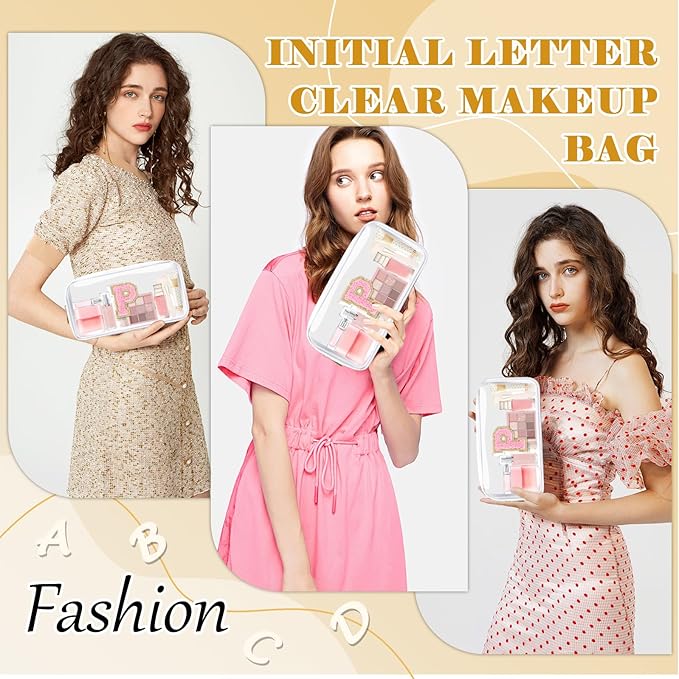 Personalized Initial Letter Clear Makeup Bag, Preppy Small Nylon & PVC Cosmetic Zipper Bag with Chenille Letter, Travel Skincare Toiletry Bag, Monogram Christmas Gift for Teen Girls Women, P