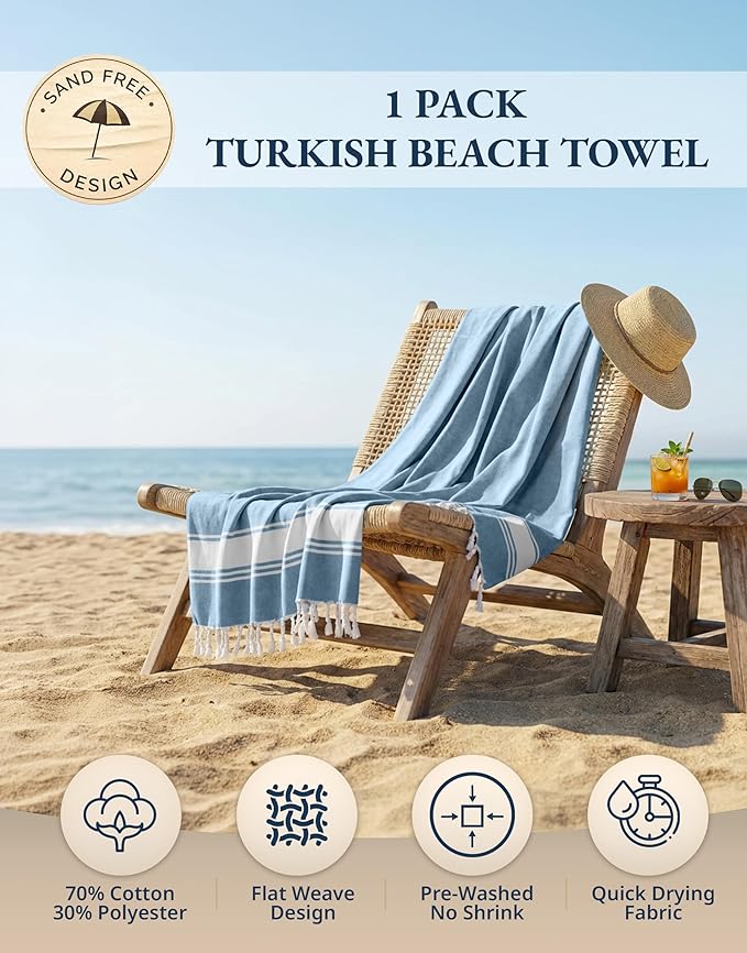 LANE LINEN Turkish Beach Towel, Oversized Beach Towel 39"x71", Lightweight Beach Essentials for Women, Large Pool Towel, Absorbent & Quick Dry, Sand Free Beach Towel - Sky Blue