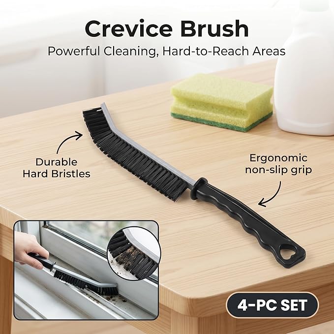 4 Pcs Multi-Purpose Hard Bristle Crevice Cleaning Brush Deep Reach Gap Cleaning Tools for Household Use Versatile Durable Thin Brush to Clean Tight Spaces Window Track Tile Grout Bathroom Corner Black