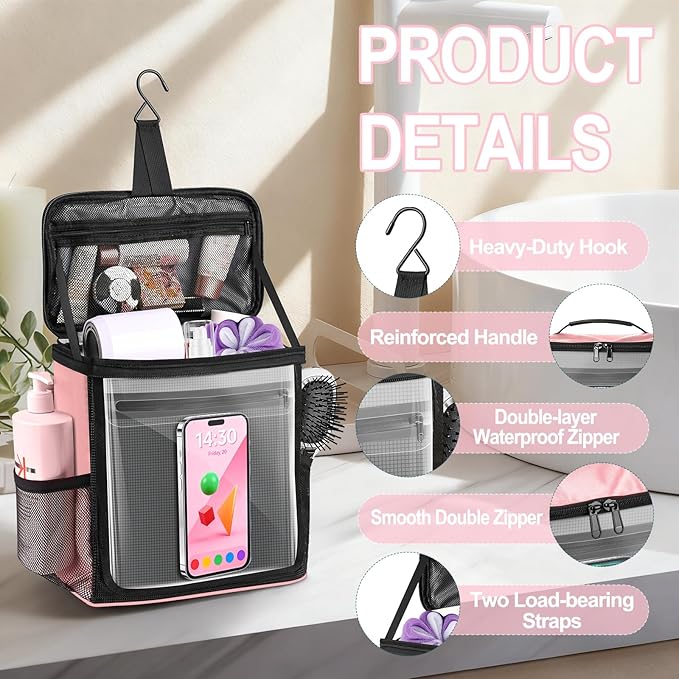 Portable Hanging Shower Caddy, Large Capacity Travel Toiletry Bag for Men & Women, Bath Organizer with Hook & Waterproof Phone Compartment, for Gym, Travel, Dorm, Picnic, Bathroom(Pink)