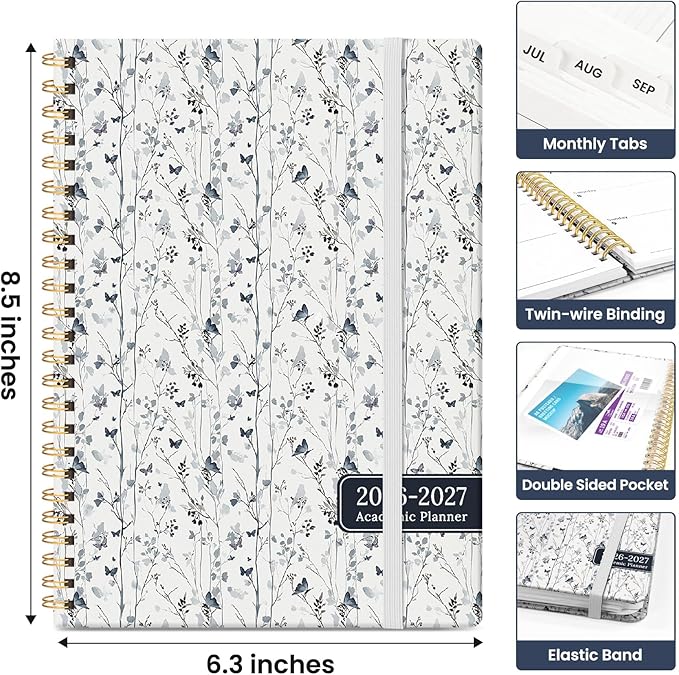 Planner 2026-2027, Academic Year Weekly and Monthly Calender Planner, from Jul 2026 - Jun 2027, Spiral Bound School Planning Book, Perfect for Teacher, Student, Women & Men, A5 (6.3" x 8.5"), Butterfly Grove