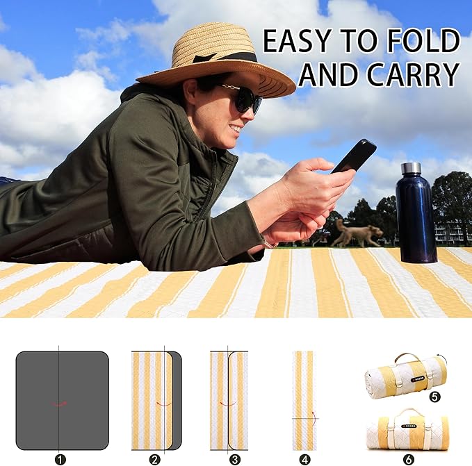 HX&OD Extra Large Picnic Outdoor Blanket, 80”x80” Waterproof Picnic Mat Foldable Camping Blanket Portable with Carry Strap for Beach Mat Outdoor Camping Party (Yellow)