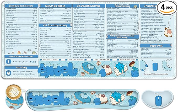 Excel Cheat Sheet Desk Pad Large Mouse Pad Set, Wrist Rest Support Desk Mat for Keyboard and Mouse, 4PCS Computer Mats XXL Non-Slip Base Mousepad Protector Office, Shortcuts Employee Appreciation