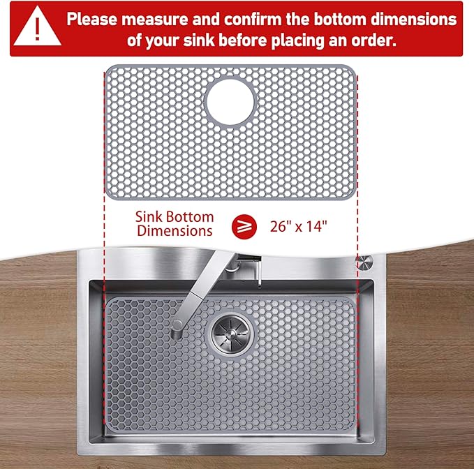 Silicone Sink Protectors for Kitchen Sink with Rear Drain - 26"x 14" Kitchen Protector Accessory, Non-Slip Heat Resistant Grid Mat for Bottom of Farmhous Peorcelain Stainless Steel(Rear Hole)