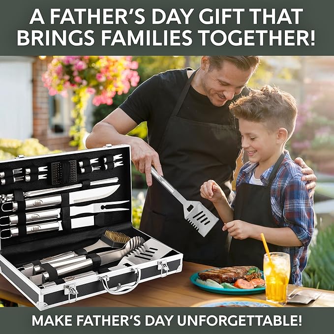 Kaluns Grilling Accessories, Dad Gifts for Fathers Day, Mothers Day Grilling Gifts, Heavy Duty Stainless Steel BBQ Tool Set for Outdoor Grill with Aluminum Case and Apron, Birthday Gifts for Men
