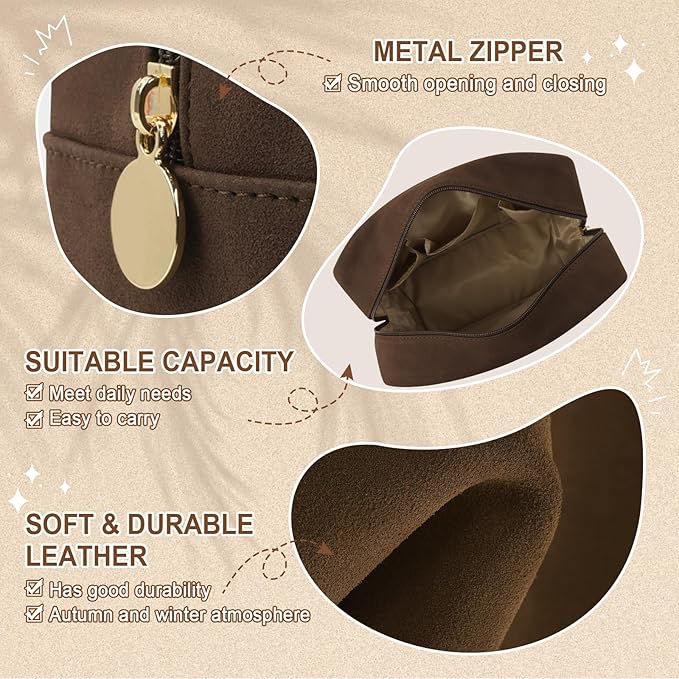 Waterproof Large Makeup Pouch,Suede Women Travel Toiletry Storage Preppy Cosmetic Bag for Girls,Big Makeup Organizer Bag Cute Zipper Pouch for Sport Work Gift(Large-Coffee)