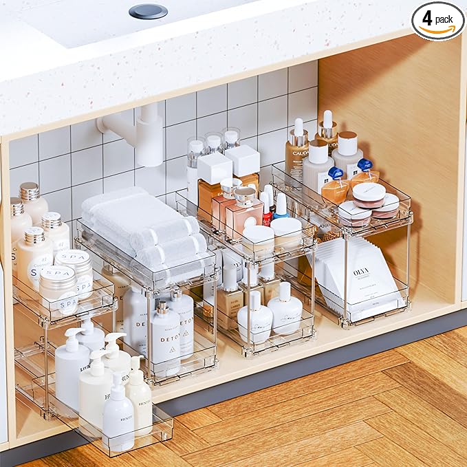 Yieach 4 Set Clear Pull Out Bathroom Organizers and Storage,2 Tier Under Sink Organizer and Medicine Cabinet Organizer,Small Slide Out Drawers for Pantry,Under Cabinet,Kitchen Storage and Organization