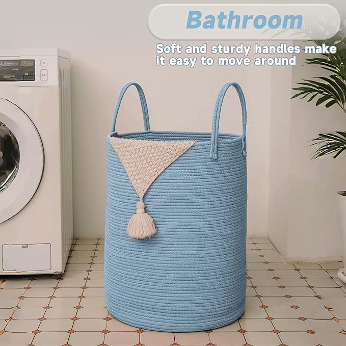 Large Woven Laundry Basket Hamper, 80L Cotton Rope Storage Bin for Blankets, Toys, and Clothes, Decorative Tall Nursery Hamper for Living Room, Baby Nursery, Bathroom, and Bedroom, Blue