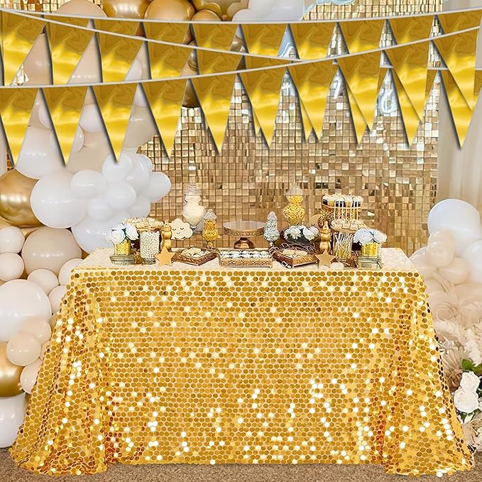 20M/65FT Gold Triangle Pennant Banner Flag Metallic Fabric Bunting Garland for Christmas Graduation Wedding Engagement Anniversary Bachelorette Birthday Bridal Shower Valentine's Hen Party Supplies