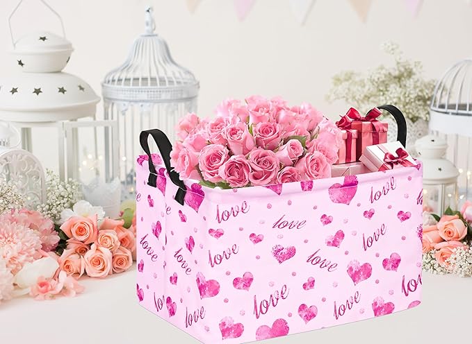 Rec Heart Print Box Hamper Storage Basket Collapsible Organizer Bin Gift Shelf Baskets for Home and Kitchen Storage