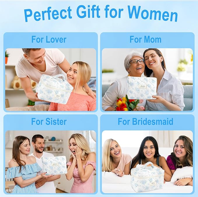 2Pcs Cotton Quilted Makeup Bag for Women Girls Large Small Travel Floral Cosmetic Bags Set Cute Coquette Zipper Makeup Pouch for Purse Aesthetic Cloth Flower Storage Toiletry Bag Organizer