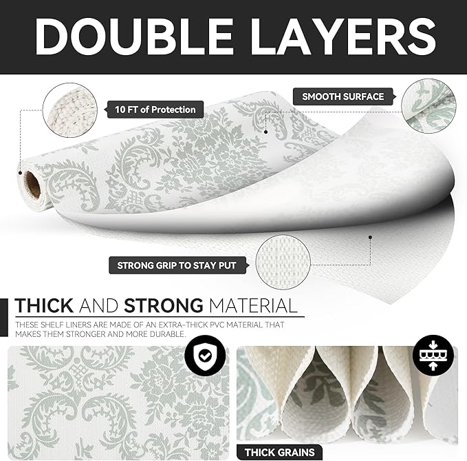 RAY STAR Shelf Liner, Non Adhesive Sage Green Damask Floral Kitchen Cabinet Liner for Pantry Drawer Pantry, Non Slip Waterproof, Shelf Liners for Kitchen Cabinets Cupboard 12 Inch x 10 FT (2 Rolls)