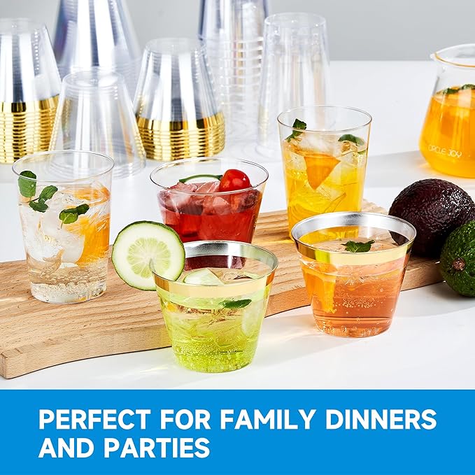 RACETOP 9 oz 100 Pack Clear Plastic Cups with Gold Rim, Disposable Gold Rim Clear Plastic Cups for Parties, Gatherings, Weddings, and Festival Events