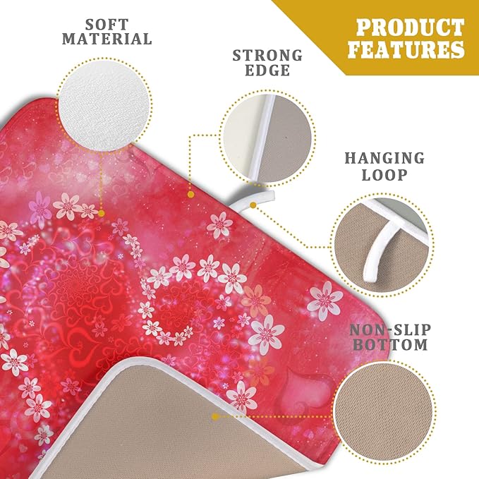 Valentines Day Dish Drying Mat for Kitchen Counter Red Heart Flower Decor Drying Mat 16 x 18 Inch with Absorbent Reversible Microfiber Dish Drying Pad Dish Rack Drainer Mat for Coffee Bar