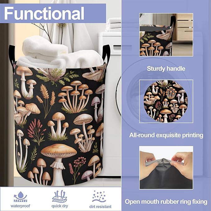 Vintage Mushrooms Laundry Basket, Ferns Oxford Cloth Laundry Hamper With Handle Foldable Portable Clothes Storage Basket Storage Bag For Laundry Room/Bathroom/Bedroom/Dormitories