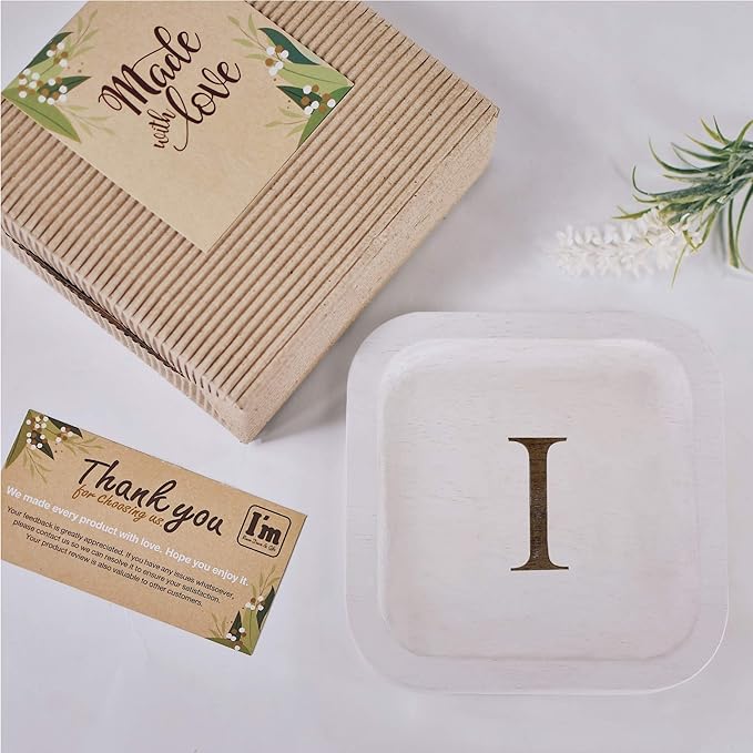 Wooden Personalized Letter Catchall Valet Tray Trinket Dish Jewelry Tray Key Bowl Decorative Plate Organizing Ring Earrings Necklaces Bracelet Watch Coins Wallet Holder (6"x6" Sq White "I")