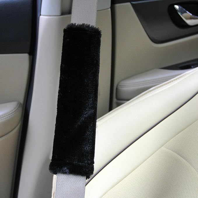 Amooca Soft Faux Fur Universal Fit Seatbelt Cover Car Truck SUV Airplane Seat Belt Shoulder Pad for Carmera Backpack Straps Neck Cushion Protector 2 Pack 10.5in Black