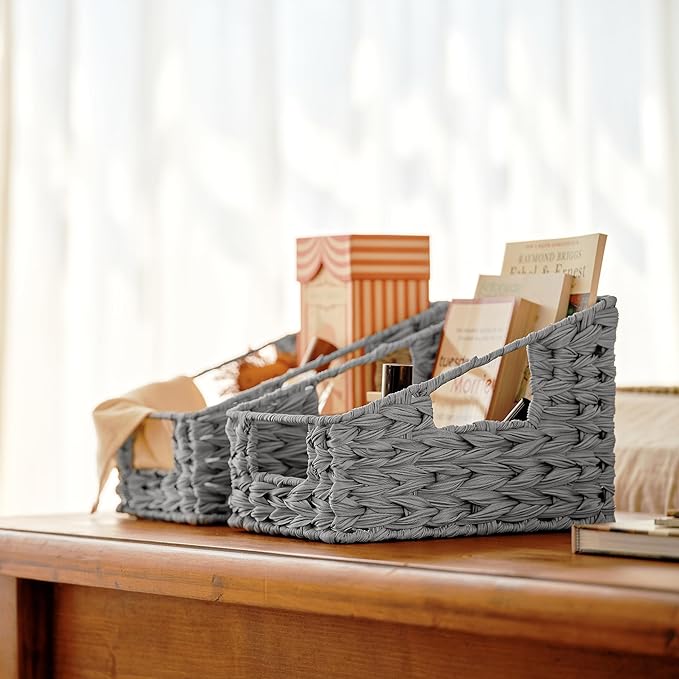 GRANNY SAYS Wicker Basket with Handles, Odorless Woven Trapezoid Basket Waterproof for Organizing, Decorative Storage Wicker Baskets for Storage Photo Books, Gray, 2-Pack