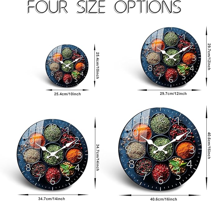 Colorful Spice Wall Clock - 12 Inch Decorative Kitchen Wall Clocks, Silent Analog Wall Clocks Non Ticking, Round Wall Clock Battery Operated for Bedroom Living Room Home Décor