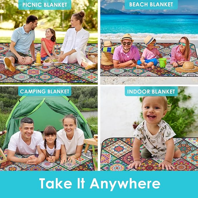 Waterproof Picnic Outdoor Blanket, 79" x 59" Sandproof Foldable Large Picnic Blanket for Beach, Camping, Park, Travel, Concert, Great Gift for Families and Couples (Bohemian Color)
