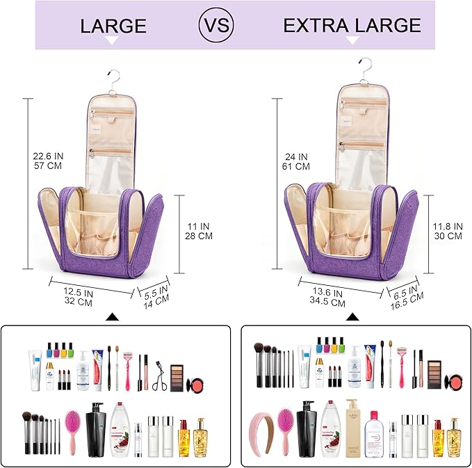 Travel Hanging Toiletry Bag for Women and Men, 6 Organizer Compartments, Holds Full Size Bottles, Extra Large Cosmetic Accessories, Makeup Essentials, Bathroom Water-Resistant Toiletry Bag, Purple