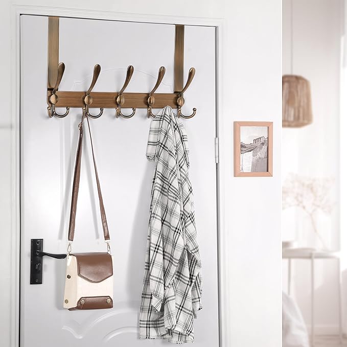 Dseap Over The Door Hook Hanger - Fits 1 3/8" to 1 3/4" Standard Doors | 5 Tri Hooks Heavy Duty Towel/Coat Rack | Door Organizer for Clothes, Jackets, Hats, Towels, Antique Copper