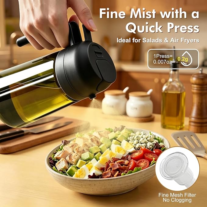 Poshetion 2 in 1 Olive Oil Sprayer for Cooking, 16oz Light-Proof Oil Dispenser for Kitchen, Leak-Proof Oil Spray Bottle for Air Fryer, Salad, BBQ, Baking, Grilling - Black