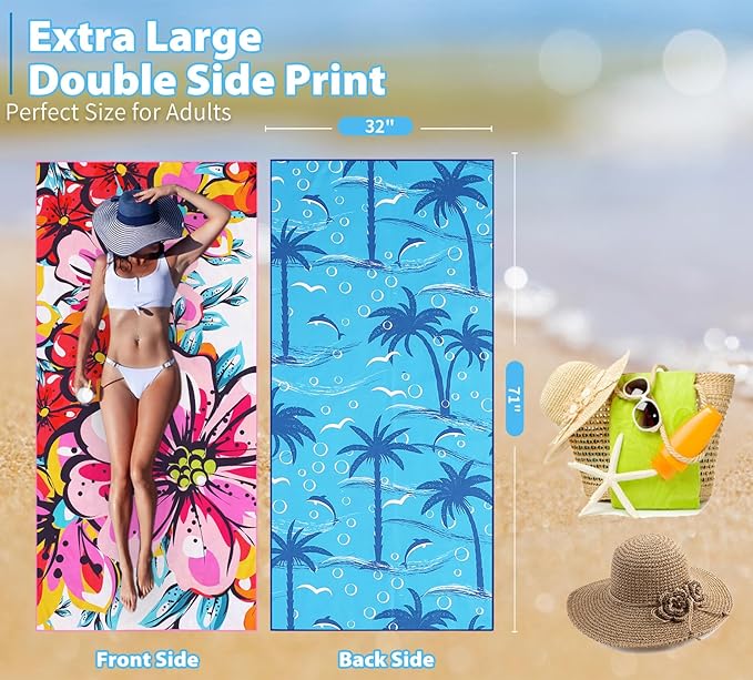 TwoYek Microfiber Thin Beach Towel Lightweight 71x32 inch Oversized Extra Large Sand Free Towels Fast Dry for Travel Pool Camping Sports Beach Accessories Vacation Essential Gift