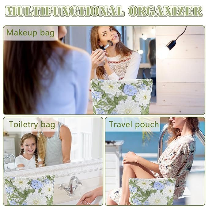 ZLFSRQ Lace Flower Makeup Bag Travel Cute Floral Cosmetic Bags for Women Large Toiletry Pouch Zipper Cosmetic Pouch for Purse Aesthetic Make up Organizer Bag Portable Toiletry Bags