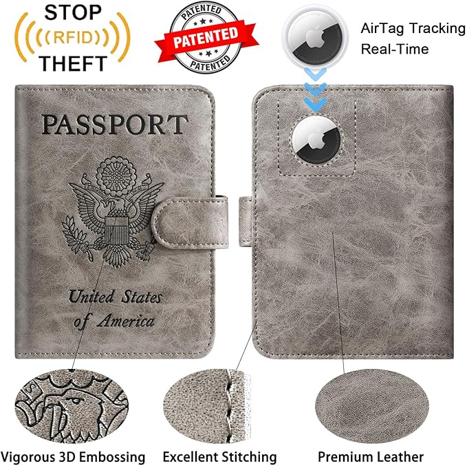 Airtag Passport Holder Cover Wallet RFID Blocking Leather Case Travel Essentials Luggage Accessories Travel Must Have(118#Grey)