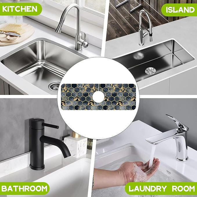 Kitchen Sink Splash Hexagon Marble and Golden Leaves Guard Faucet Mat Super Absorbent Fast Drying Mat Guard Behind Faucet Drip Catcher for Kitchen Bathroom, 15.5"X5.5"