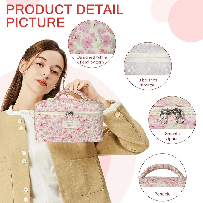 Gosect 1pc Large Makeup Bag, Cute Cosmetic Bag for Women Girls, Floral Coquette Aesthetic Toiletry Bag, Travel Makeup Organizer Bag (Pink Floral Print)