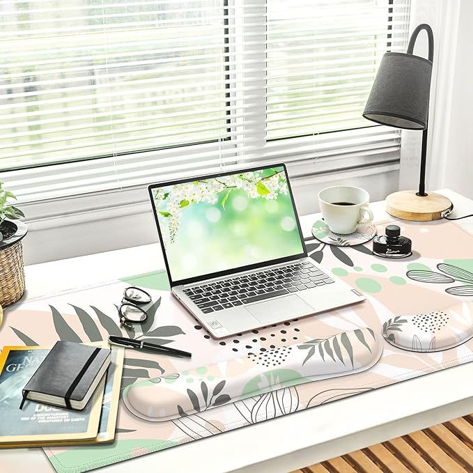 Gimars 4-in-1 Mouse Pad and Keyboard Wrist Rest Set, Large Mouse Pad with Memory Foam Wrist Support Pad for Desk with Coaster, Easy Typing Pain Relief, Gaming Office Home 31.5x12 inch, Morandi Beige