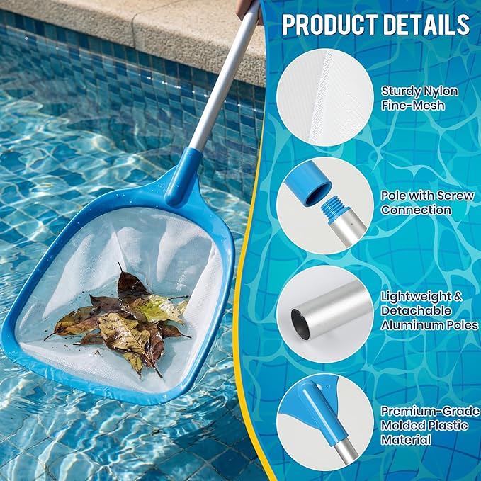 Tavaleu Pool Skimmer Net, Deep Pool Leaf Net with Reinforced Frame, Large Capacity Rake Net for Cleaning, Debris Pickup Removal