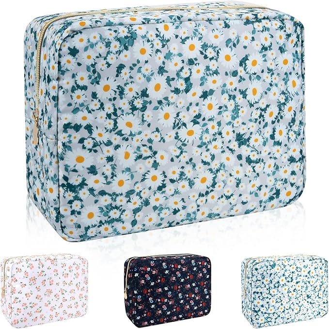 Waterproof Nylon Large Makeup Bag Travel Pouch, Floral Preppy Big Cosmetic Bag Make Up Organizer Toiletry Bag with Zipper, Large Capacity Cute Zipper Pouch Storage Bag for Women Girls(Green Daisy)