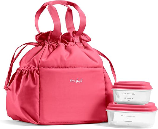 Fit & Fresh Cromwell Drawstring Lunch Bag for Women, Complete Lunch Set with 2 Containers, Stain-Resistant, Leak-Resistant, Back to School Essential, Teacher Lunchbox, Watermelon