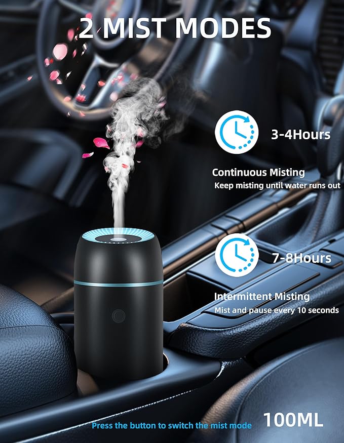 Car Diffuser for Essential Oils Portable Mini Ultrasonic Mist Humidifier 100ml USB Aromatherapy Diffuser Freshener with Colorful Lights for Small Space Home Office Bedroom (Black)