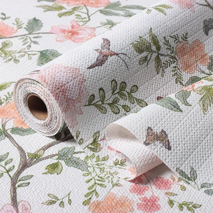 Bird Floral Shelf Liners Non Adhesive and Strong Non-Slip 12IN x 20FT Shelf and Drawer Liners for Kitchen Cabinet Wire Fridge, Waterproof Shelf Drawer Liner,Easy to Clean