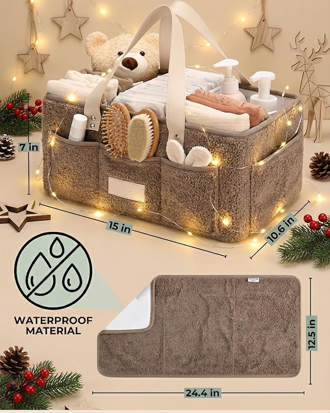 Baby Diaper Caddy Organizer with Portable Changing Mat - Teddy Fleece Diaper Organizer for Changing Table - Basket for Changing Essentials - Baby Essentials Organizer with Removable Dividers