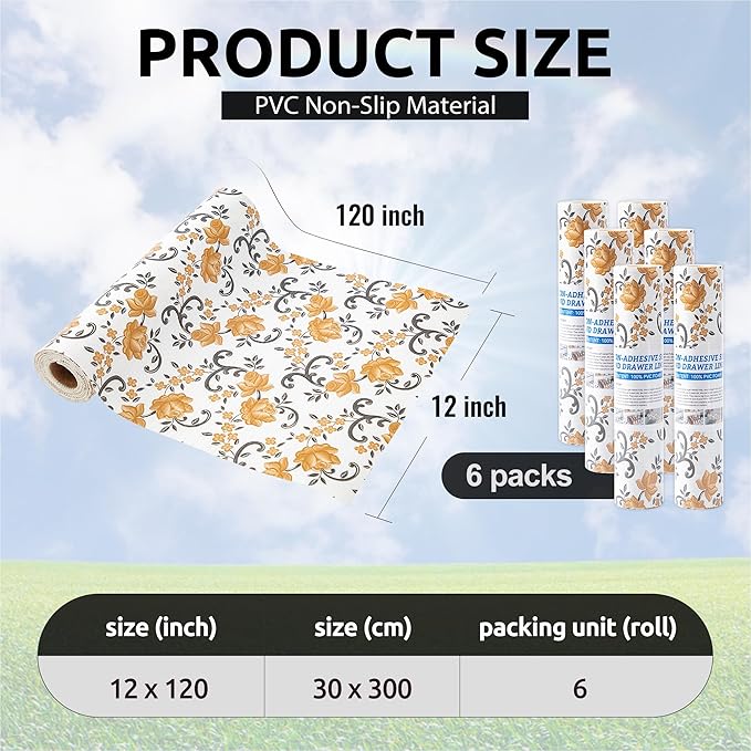FIFTY FEET 12X120 Inch Shelf Liner for Kitchen Cabinets, PVC Drawer Liner for Dresser Non-Slip Bathroom, Non-Adhesive Cabinet Liner Washable (Yellow Floral)(6 Roll)