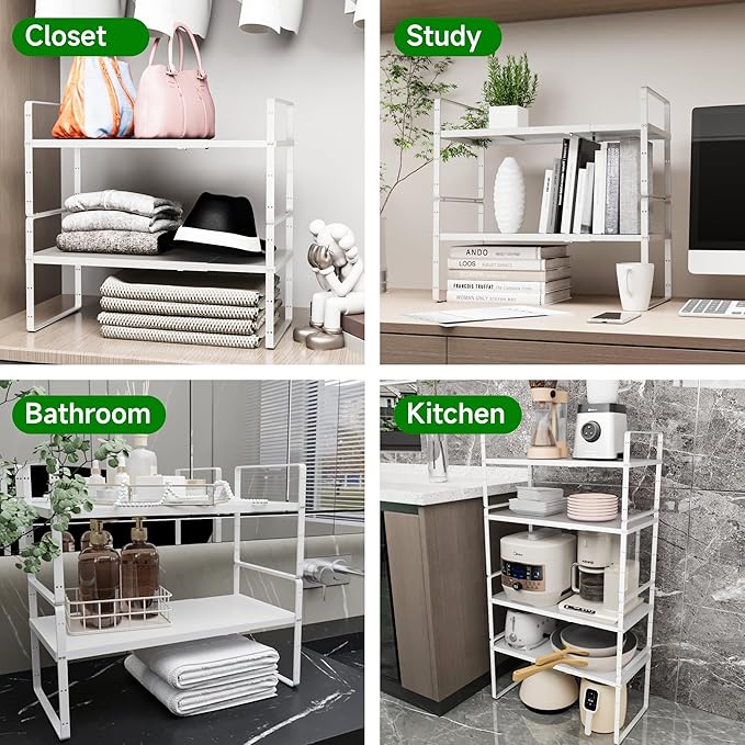 LOCVCDA Expandable Cabinet Organizer Shelf, Adjustable Height Organizer Riser for Kitchen Cabinet Spice Rack Locker Pantry Cupboard Under Sink Countertop Desk Organization Metal Stackable Shelves
