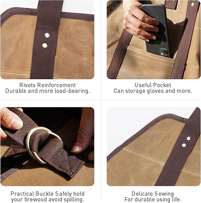 Waxed Canvas Log Carrier Tote Bag, Extra Large Durable Firewood Holder with Handles and Shoulder Strap, Heavy Duty Wood Carrying Bag for Fireplaces & Wood Stoves Khaki