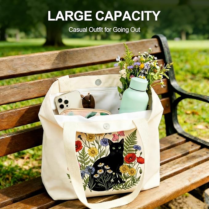 MOLOVA】Printed Canvas Tote Bag for Women - Inner Zipper Pocket & Magnetic Closure, Versatile Hand Shoulder Carry, 15x16 Inch Large Capacity for Work Travel Shopping, Cat and Flower