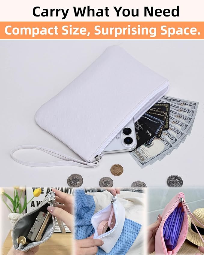 2 Pack Small Zipper Pouch Mini Makeup Bag for Purse Lipstick Cosmetic Travel Make Up Organizer for Women Essentials Feminine Products, Car Change Coin Holder 8x5 Phone Wristlet Wallet, White