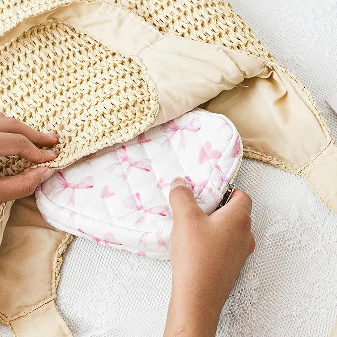 Small Floral Quilted Makeup Bag, Coquette Aesthetic Travel Toiletry Organizer for Women, Lightweight Cotton Cosmetic Pouch