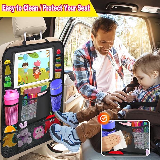 2 Pack Car Backseat Organizer, Car Seat Organizer Kick Mats Back Seat Protector with 11" Tablet Holder, Car Storage Organizer for Kids,10 Storage Pockets Travel Accessories